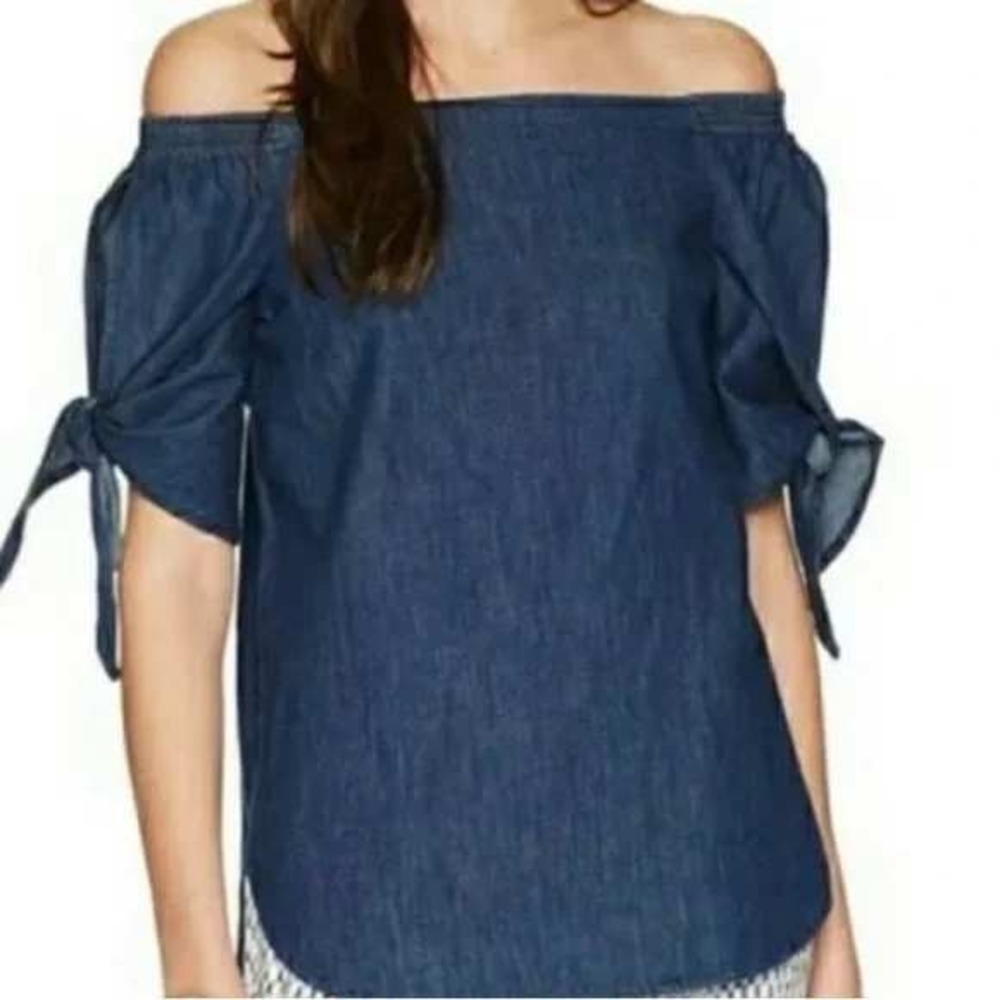 Lauren Ralph Lauren Chambray‎ Off Shoulder Tie Sleeve Blouse Blue Small